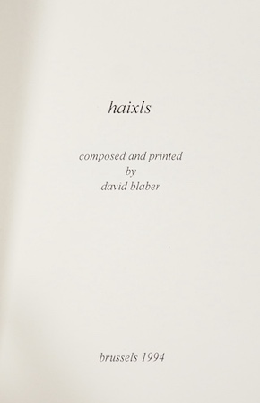 Blaber, David - Haixls, Brussels 1994, book of haiku bound by Yoshiko Molitor/Kumiko Tochiori, slip case, with related book Reliures by Patrick Nothomb (2)